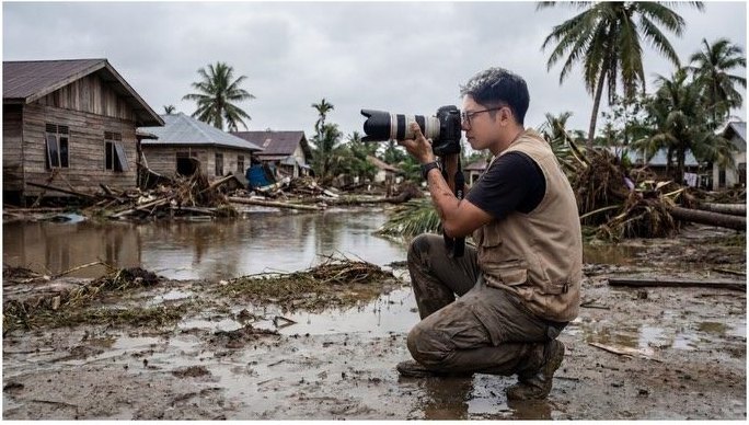 Narita Jun filming in a village where the mud remains