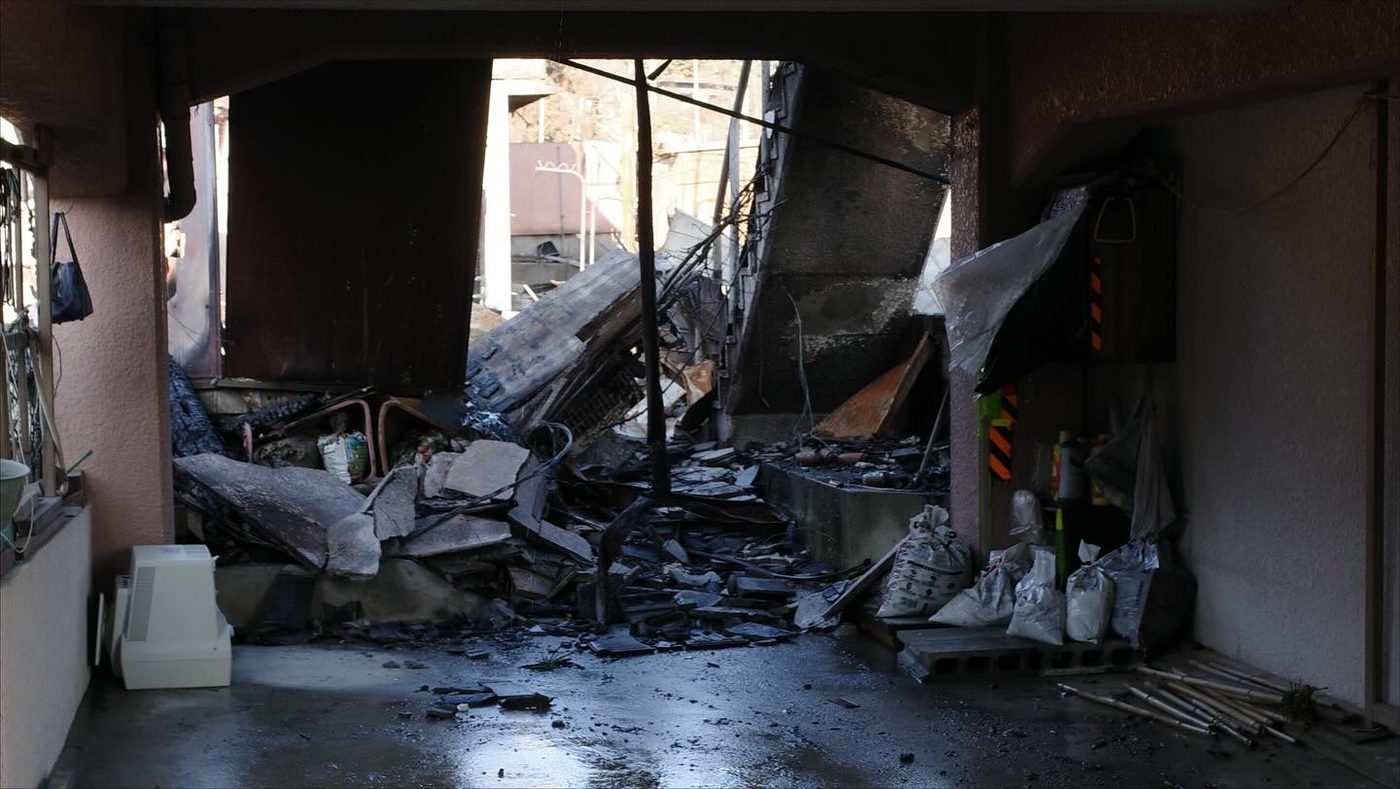 Inside a scorched building