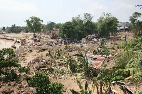 A disaster-hit area piled with debris
