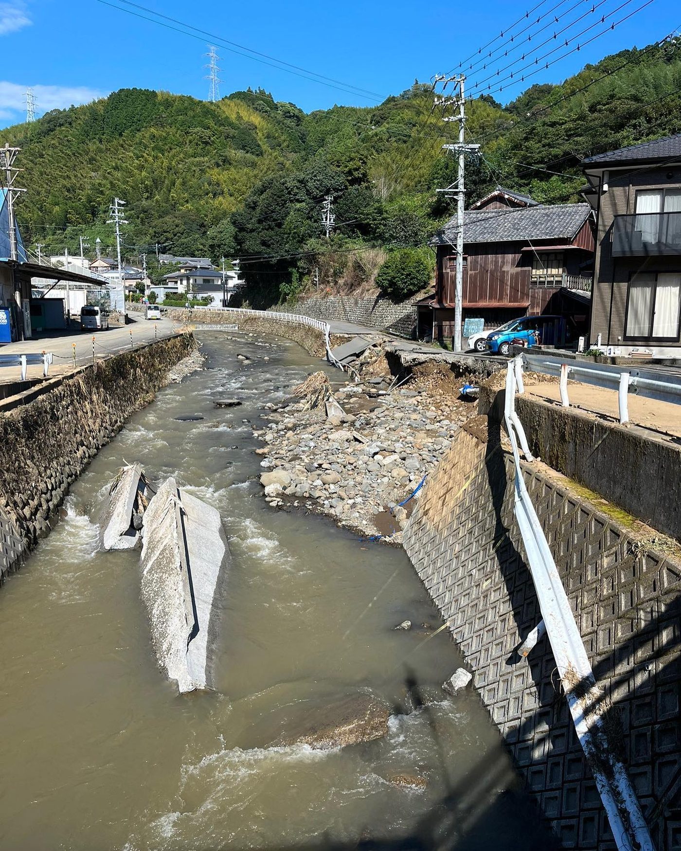 A mountain river with a collapsed embankment